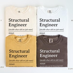 Four t-shirts in ivory, mustard, white, and espresso with "Structural Engineer" text.