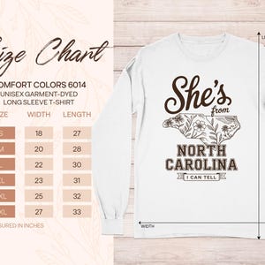 Comfort Colors 6014 size chart for a long sleeve t-shirt.