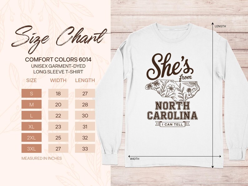 Comfort Colors 6014 size chart for a long sleeve t-shirt.