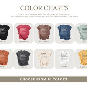 Color chart of t-shirts with "Structural Engineer" design in ten different colors.