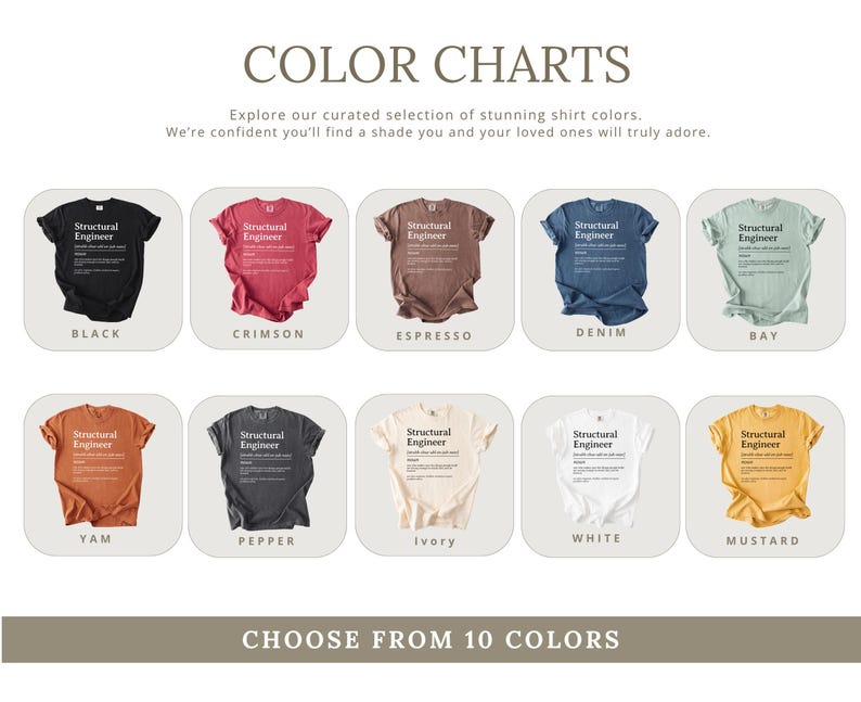Color chart of t-shirts with "Structural Engineer" design in ten different colors.