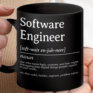 Black mug with "Software Engineer" definition in white text.