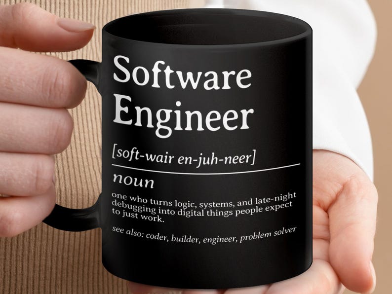 Black mug with "Software Engineer" definition in white text.