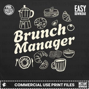 May include: Black background with white line art illustrations of brunch items, including a coffee maker, sandwich, croissant, cheese, avocado, tomato, waffles, salad, plate, fork, knife, lemon, and a mug. The text "Brunch Manager" is in the center.