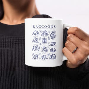 White mug featuring blue illustrations of raccoons with labels and the title "Raccoons".