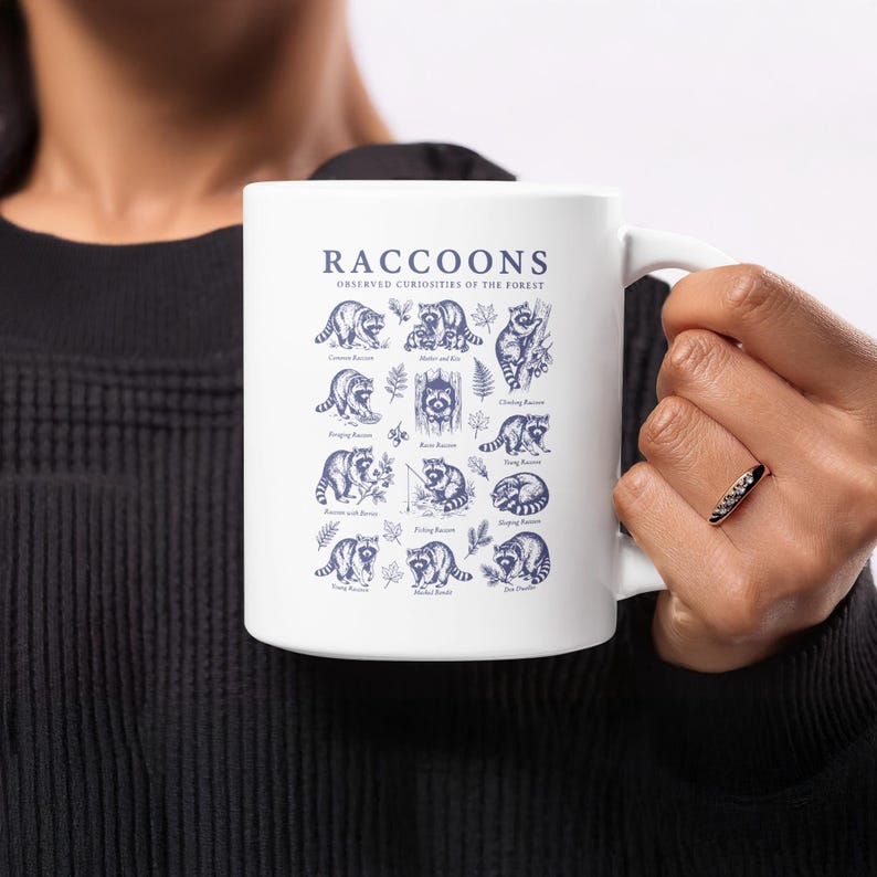 White mug featuring blue illustrations of raccoons with labels and the title "Raccoons".