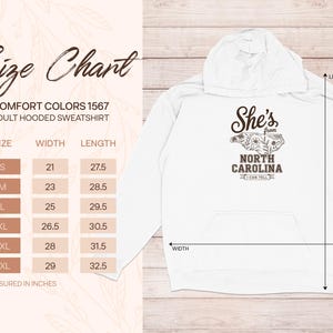 Comfort Colors size chart for adult hooded sweatshirt showing measurements.