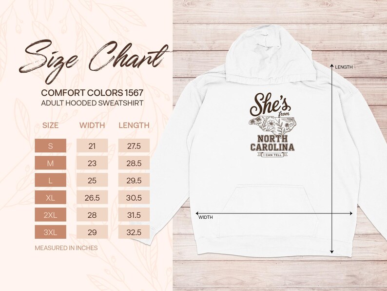 Comfort Colors size chart for adult hooded sweatshirt showing measurements.