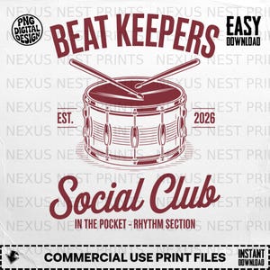 Beat Keepers Social Club Digital, Batterista SVG PNG, Sezione ritmica grafica, Regalo per amanti della musica, Design di batteria vintage, Download di percussioni, Gruppo musicale