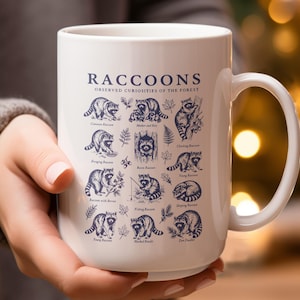 White mug with "Raccoons Observed Curiosities of the Forest" and raccoon illustrations.