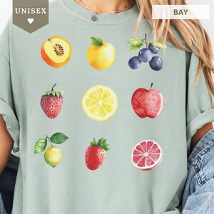 Watercolor Fruit T-Shirt, Comfort Colors Tee with Peach Lemon Strawberry Grapes, Farmers Market Aesthetic, Cute Summer Fruitcore Top