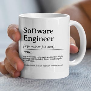 White mug with "Software Engineer" definition printed in black text.