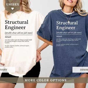 Two unisex t-shirts, one ivory and one denim, with "Structural Engineer" text.