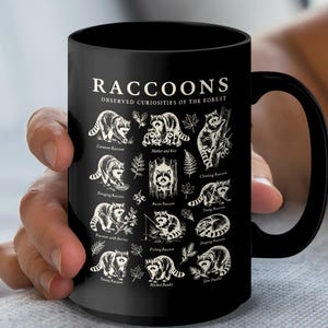 Black mug with an illustration of various raccoons and their descriptions.