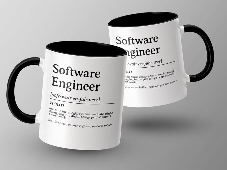 Two mugs with "Software Engineer" definition and illustration.