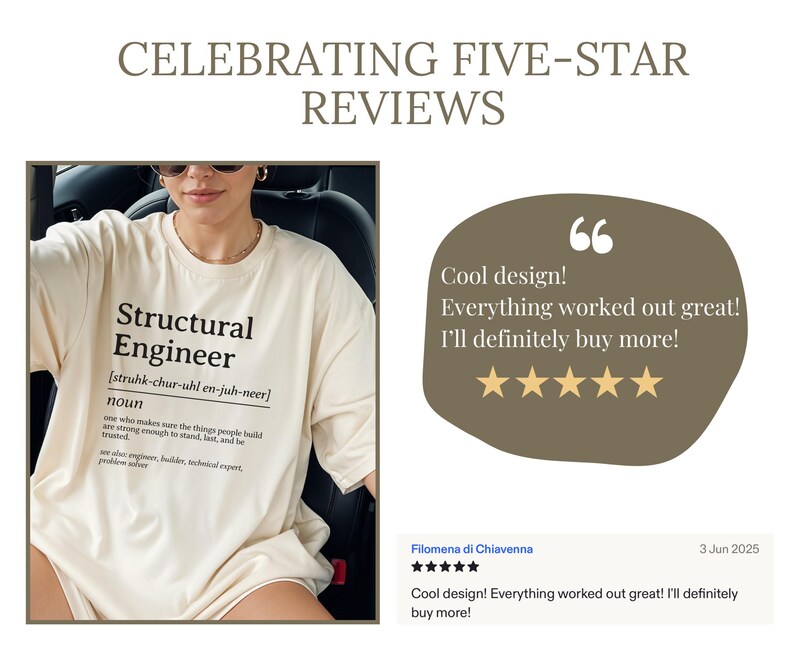 T-shirt with "Structural Engineer" definition, featuring a five-star review.