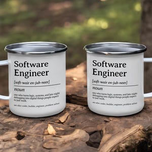 Two white enamel mugs with "Software Engineer" definition text.