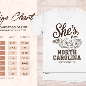 Size chart for Comfort Colors 1717 heavyweight adult tee with garment graphic.