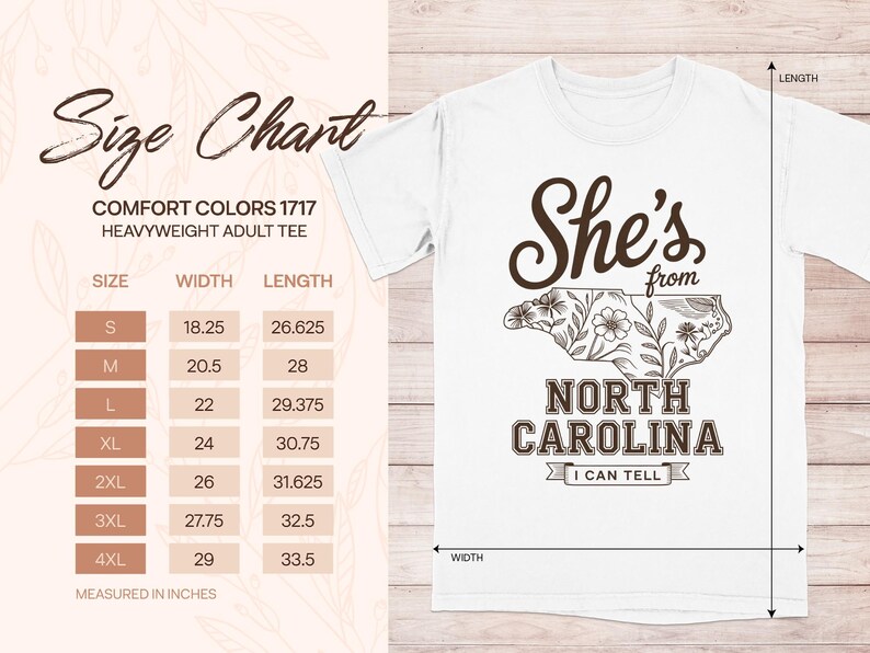 Size chart for Comfort Colors 1717 heavyweight adult tee with garment graphic.