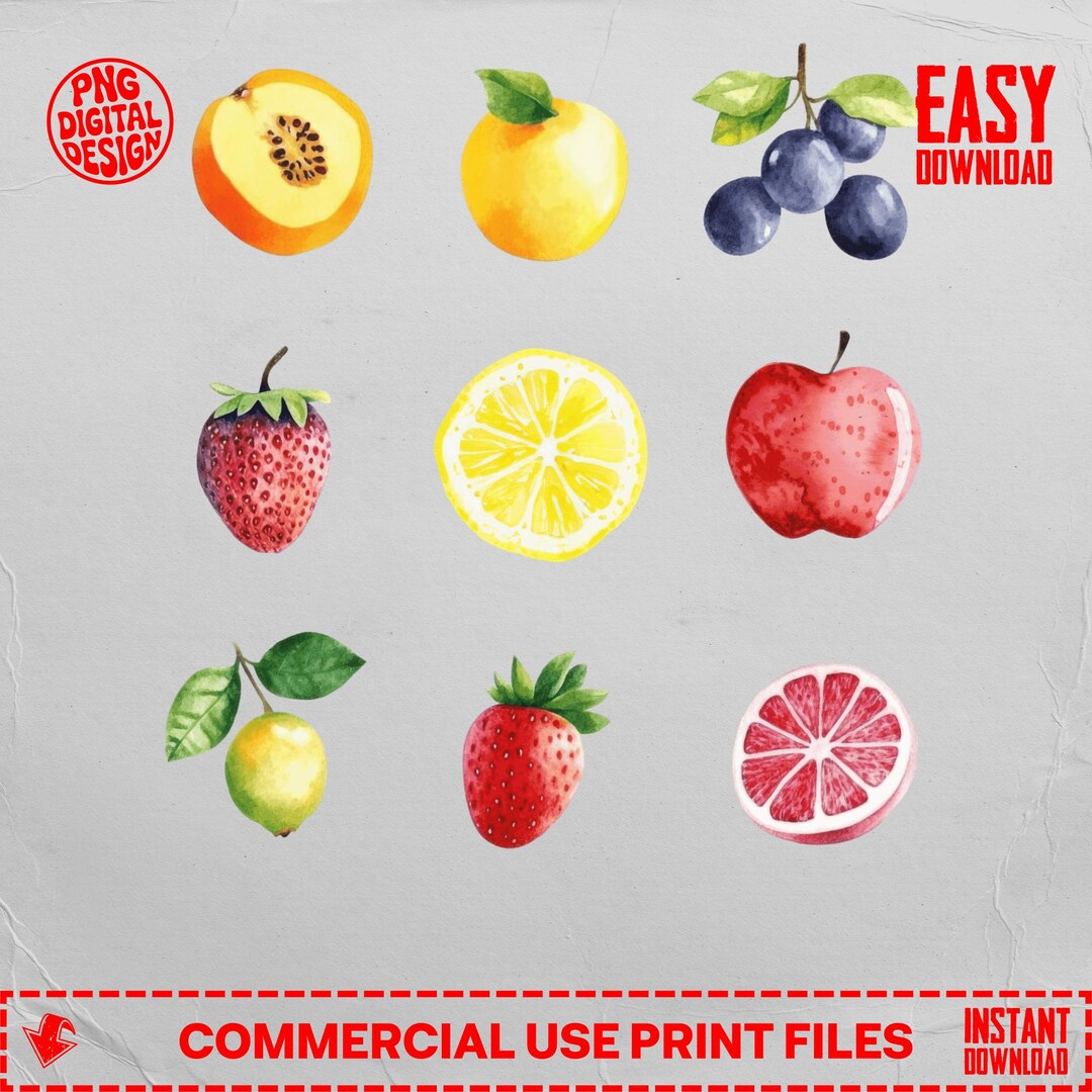 Vibrant Watercolor Fruit Clipart Bundle PNG - Digital Download Food ...