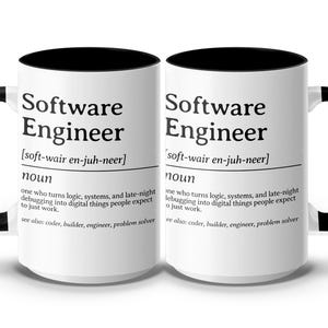 Two mugs with "Software Engineer" definition, one slightly behind the other.
