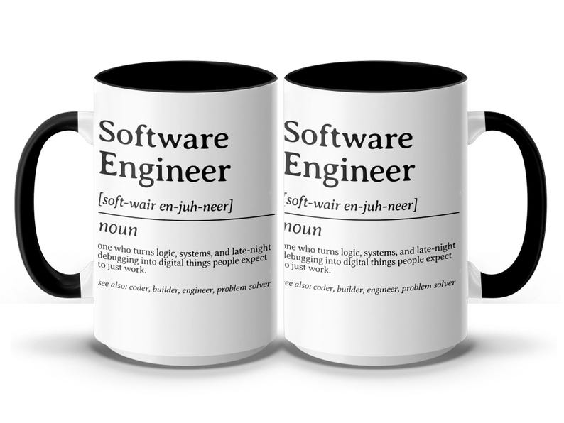 Two mugs with "Software Engineer" definition, one slightly behind the other.