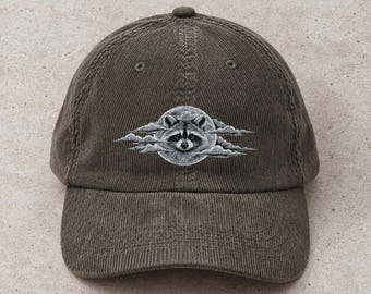 Embroidered Raccoon Hat, Vintage Raccoon Moon Cap, Wildlife Dad Hat, Retro Outdoor Animal Baseball Cap