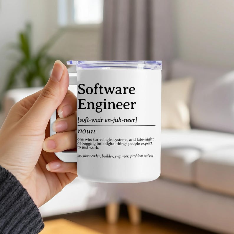 White mug with "Software Engineer" definition in black text.