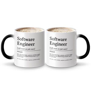 Mug with "Software Engineer" definition in black text on white surface.
