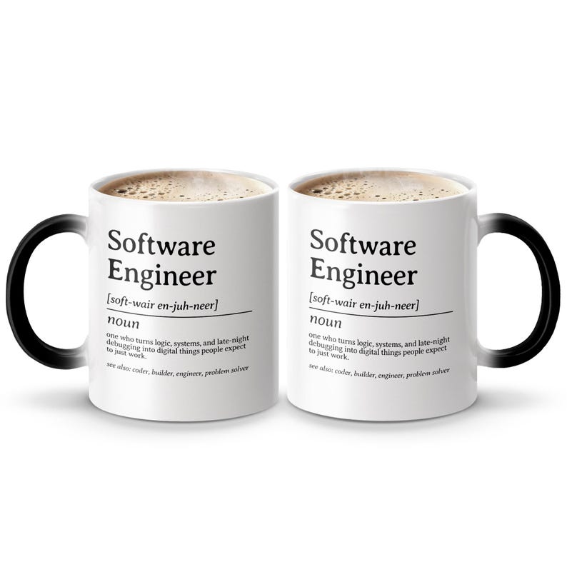 Mug with "Software Engineer" definition in black text on white surface.
