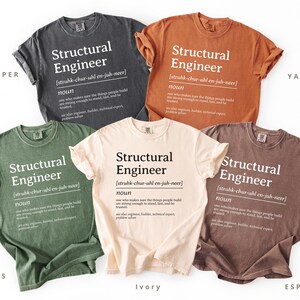 Five t-shirts displaying "Structural Engineer" text in different colors: Pepper, Moss, Ivory, Yam, Espresso.