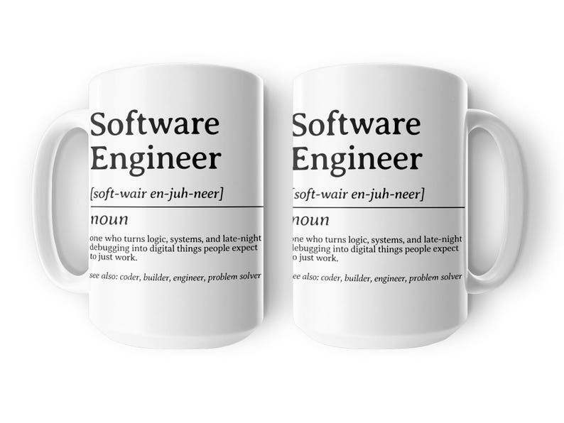 Two mugs with "Software Engineer" definition: one who turns logic into digital things.