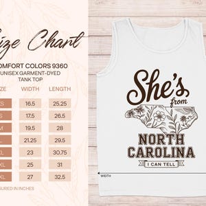 Size chart for Comfort Colors 9360 tank top with North Carolina graphic.