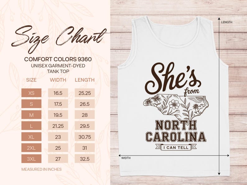 Size chart for Comfort Colors 9360 tank top with North Carolina graphic.