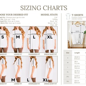 T-shirt sizing chart with measurements for relaxed, loose, oversized, and dress shirt fits.