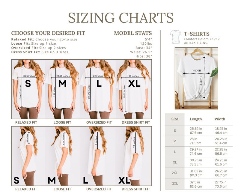 T-shirt sizing chart with measurements for relaxed, loose, oversized, and dress shirt fits.