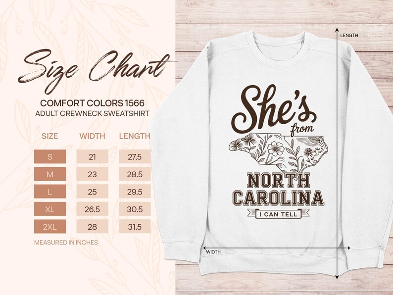 Size chart for Comfort Colors 1566 adult crewneck sweatshirt.