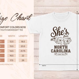 Youth t-shirt size chart with measurements for XS to XL.