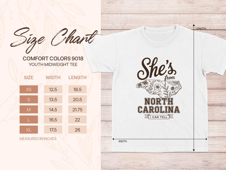 Youth t-shirt size chart with measurements for XS to XL.