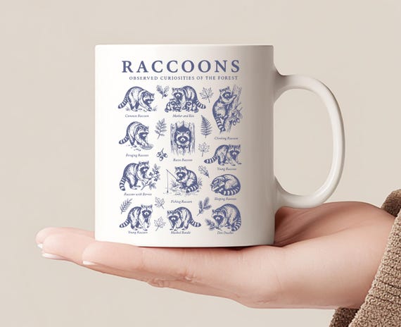 Raccoon Mug Vintage Forest Chart Coffee Cup Woodland Animal Trash Panda Cottagecore Nature Lover Natural History Ceramic Novelty Gift Idea
