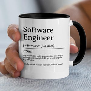 Mug with "Software Engineer" definition and related terms.