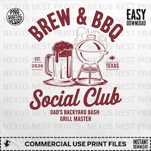 Può includere: Un design grafico bordeaux e bianco con le parole "Brew & BBQ" sopra un'illustrazione di un boccale di birra e una griglia. Sotto, il testo "Social Club" e "Dad's Backyard Bash". Il design include il testo "Texas" e "Grill Master".