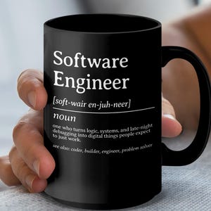 Black mug with "Software Engineer" definition in white text.