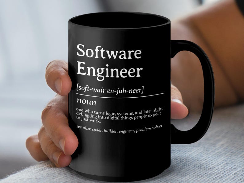 Black mug with "Software Engineer" definition in white text.