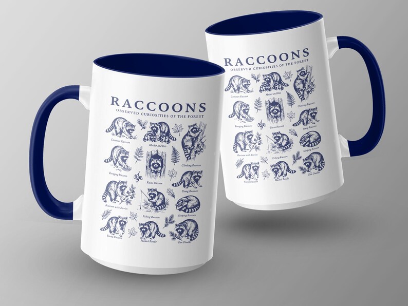 Two white mugs with navy blue rims and handles, featuring detailed raccoon illustrations and text.