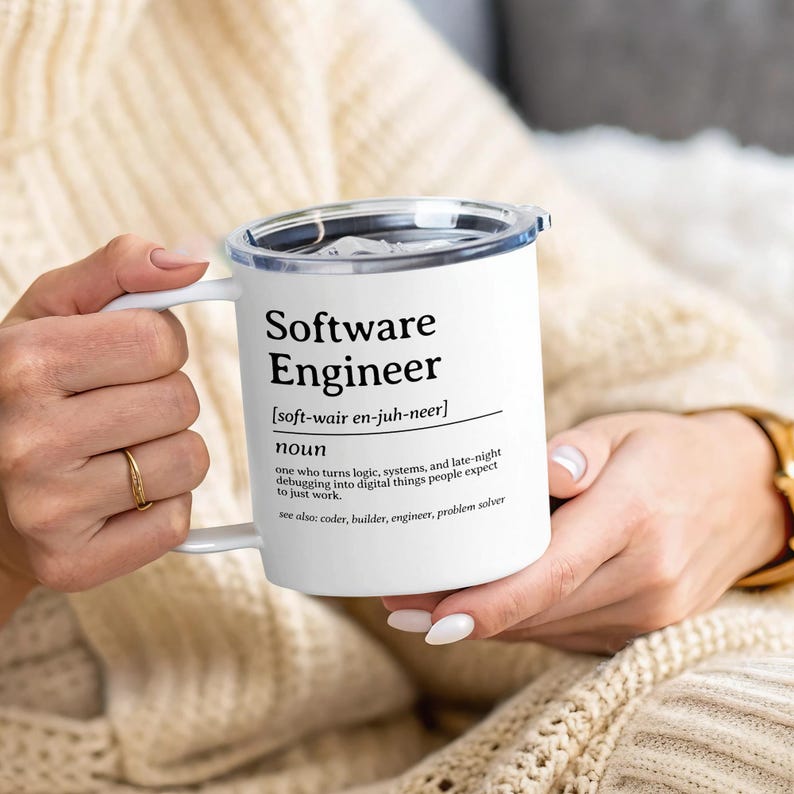 White mug with "Software Engineer" definition in black text.