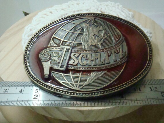 Schlitz Belt Buckle Enamel Red Vintage S & N - image 2