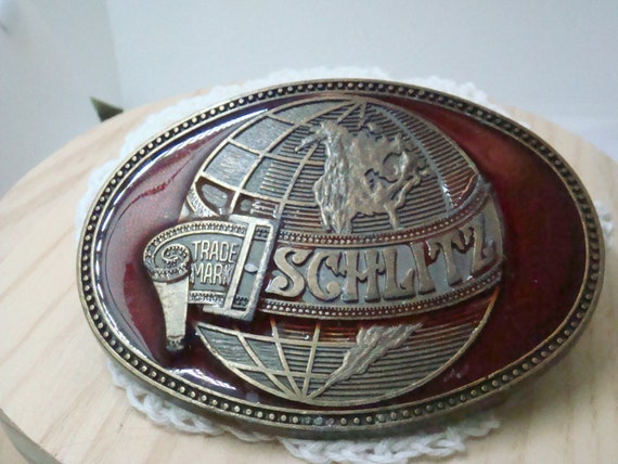 Schlitz Belt Buckle Enamel Red Vintage S & N - image 1