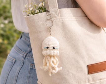 Crochet Jellyfish Keychain | Kawaii Amigurumi Cotton Yarn Bag Charm | Handmade Plush Ocean Gift