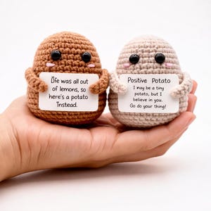 Peluche a forma di patata fatto a mano all'uncinetto con affermazione positiva, regalo positivo per amici o colleghi, peluche di incoraggiamento